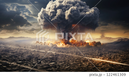 Great epic explosion in city after nuclear strike, aerial view of dramatic urban landscape with fire and smoke. Theme of atomic world war, apocalypse, cloud, disaster, attack 122461309