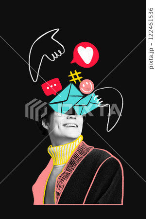 Conceptual art design. Man in pink-lined jacket, with floating envelopes, hashtags, and social reaction icons interacting above head. Conceptual art design. Man in pink-lined jacket, with floating envelopes, hashtags, and social reaction icons interacting above head. 122461536