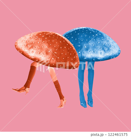 Surreal artwork. Two human figures with mushroom caps instead of torsos walk together, blending surrealism with teamwork, symbolizing creative collaboration. Surreal artwork. Two human figures with mushroom caps instead of torsos walk together, blending surrealism with teamwork, symbolizing creative collaboration. 122461575