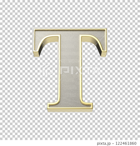 Letter T in a metallic silver finish with a shiny golden frame Letter T in a metallic silver finish with a shiny golden frame 122461860