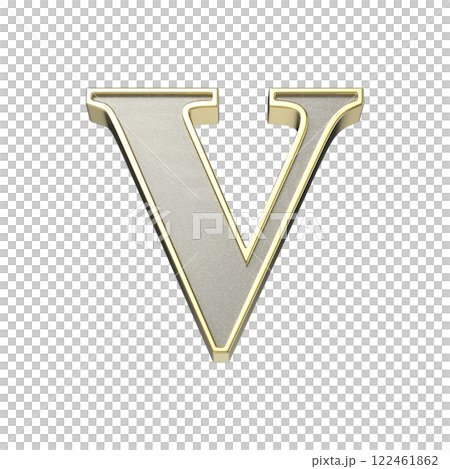 Letter V in a metallic silver finish with a shiny golden frame Letter V in a metallic silver finish with a shiny golden frame 122461862
