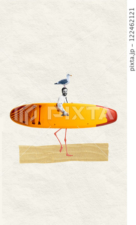 Man in business shirt and tie with paddleboard and flamingo legs instead of human legs walking on sandy beach. Abstract art collage Man in business shirt and tie with paddleboard and flamingo legs instead of human legs walking on sandy beach. Abstract art collage 122462121