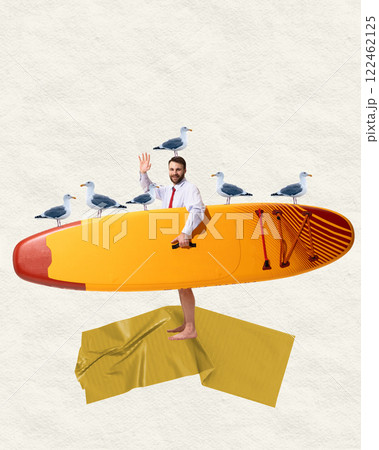 Quirky holiday. Businessman with paddleboard and multiple seagulls standing on surreal beach, waving. Abstract art collage. Quirky holiday. Businessman with paddleboard and multiple seagulls standing on surreal beach, waving. Abstract art collage. 122462125