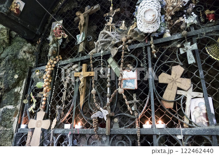 Religious and Christian objects and candles on the Munich Way of St. James, Bavaria, Germany Religious and Christian objects and candles on the Munich Way of St. James, Bavaria, Germany 122462440