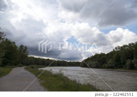 Isar river hike in Munich, Munich Way of St. James, Bavaria, Germany Isar river hike in Munich, Munich Way of St. James, Bavaria, Germany 122462551