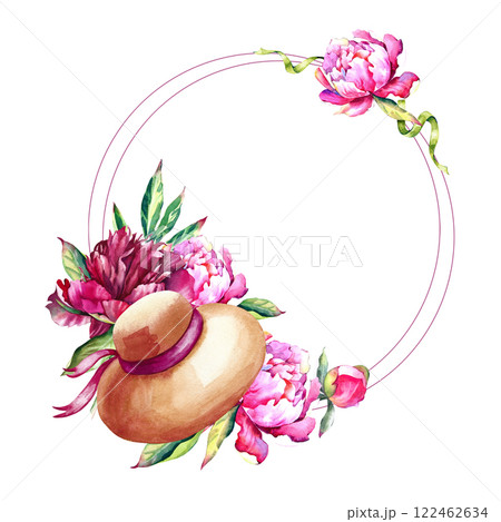 Floral round frame with a woman's hat on a white background. Watercolor illustration with pink peonies and buds, green leaves and a woman's headdress. Composition for the design of postcards  Floral round frame with a woman's hat on a white background. Watercolor illustration with pink peonies and buds, green leaves and a woman's headdress. Composition for the design of postcards  122462634