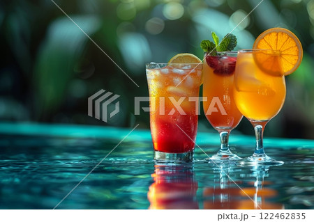 Still life of three bright yellow and red drinks in different glasses against the backdrop of a blue pool and golden sand in a neon style. 122462835