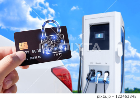 Car battery charging payment , Secure payment at electric vehicle charging station Car battery charging payment , Secure payment at electric vehicle charging station 122462848