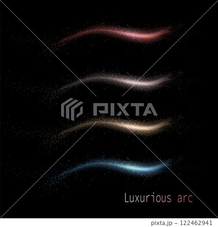 Arch with shiny tinsel on a black background, multi-colored set, design element 122462941