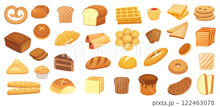 Large assortment of bakery products featuring various breads, loaves, buns, muffins, waffles, cookies, cakes, and pastries, creating a colorful and tempting display 122463078