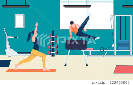 Gymnasts and yogis practicing in a vibrant gym filled with weights, treadmills, and cable machines, embodying a commitment to fitness, health, and an active lifestyle 122463095