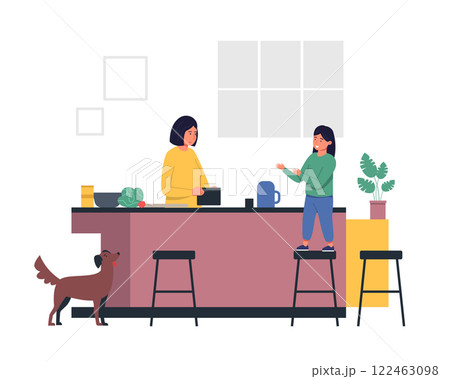 Family preparing dinner in a modern kitchen, with mother cooking while daughter helps from a stool, and their dog watching curiously, creating a warm atmosphere of togetherness Family preparing dinner in a modern kitchen, with mother cooking while daughter helps from a stool, and their dog watching curiously, creating a warm atmosphere of togetherness 122463098