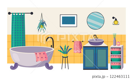 Cartoon bathroom interior featuring a relaxing bathtub, a stylish sink, vibrant houseplants, and various decorative elements, creating a cozy and inviting atmosphere for unwinding 122463111