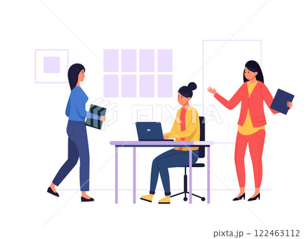 Office workers collaborating on a project, engaging with laptops and sharing documents, embodying the essence of teamwork in a dynamic business environment 122463112