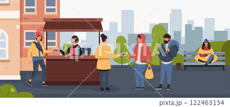 Volunteers serving hot meals from a food stall to homeless and low income individuals waiting in line in a bustling city park, fostering community support and kindness Volunteers serving hot meals from a food stall to homeless and low income individuals waiting in line in a bustling city park, fostering community support and kindness 122463134