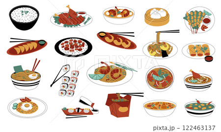 Asian cuisine dishes including ramen, sushi, rolls, rice, chicken and shrimps served on plates, bowls and take away boxes, drawing representing Japanese, Korean, Chinese and Vietnamese food Asian cuisine dishes including ramen, sushi, rolls, rice, chicken and shrimps served on plates, bowls and take away boxes, drawing representing Japanese, Korean, Chinese and Vietnamese food 122463137