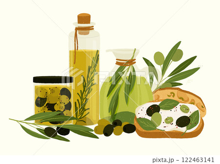 Glass bottle with olive oil, rosemary, jar of pickled olives, olive branch, carafe of olive oil, and bruschetta with cream cheese and olives composing a Mediterranean style still life 122463141