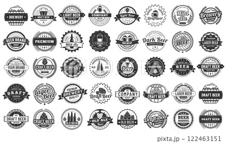 Big set of vintage monochrome brewing company logo templates with beer glass, hop, barrel and bottle for bar, pub, brewery, restaurant and beerhouse 122463151