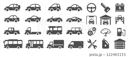 Different vehicle icons are displayed, including cars, trucks, buses, and vans, alongside maintenance symbols such as steering wheel, key, battery, car wash, garage, and tools 122463153