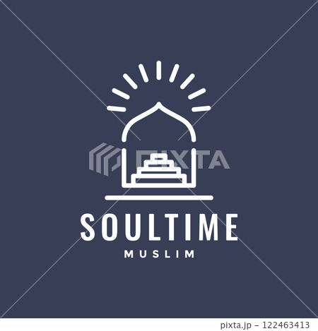 pray time muslim dome mosque stairs shine minimal line style logo design vector icon illustration 122463413