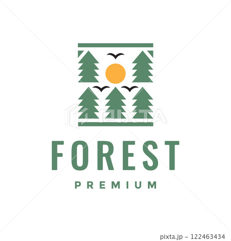 forest pines trees simple style with birds colony and sunset logo design vector icon illustration 122463434