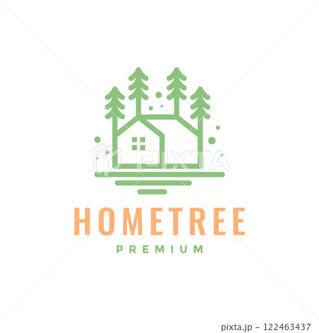 home with tree nature village relax cottage simple style line minimalist colorful logo design vector icon illustration 122463437