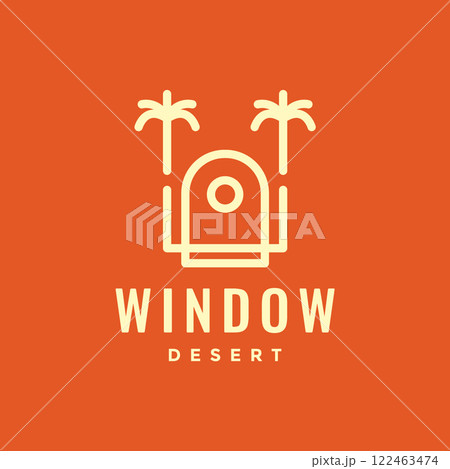window with coconut tree and palm simple geometric line minimal logo design vector icon illustration 122463474