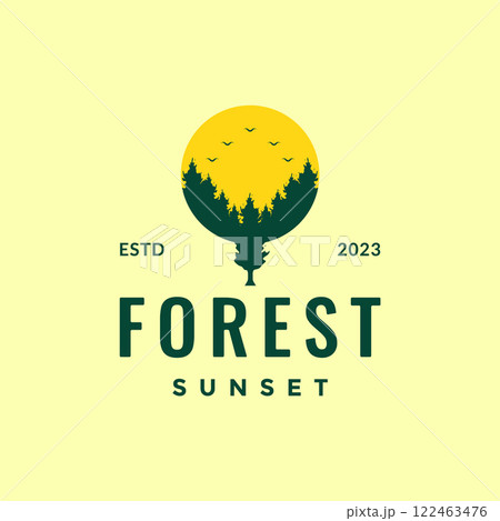 sun afternoon sunset forest tree pine with bird colony hipster style colorful logo design vector icon illustration 122463476