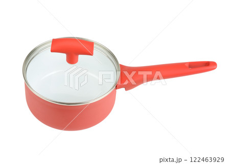 Red saucepan with handle isolated on white 122463929