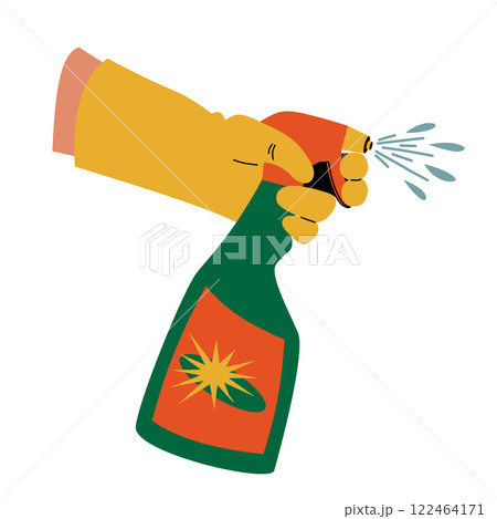 The hand holds a spray bottle. Cleaning and cleaning products. 122464171