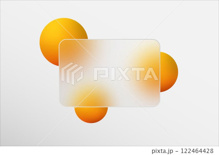 Minimalist presentation background in glass morphism style with transparent glass rectangle with blur effect. Decorated with round yellow balls. General gray background. Minimalist presentation background in glass morphism style with transparent glass rectangle with blur effect. Decorated with round yellow balls. General gray background. 122464428
