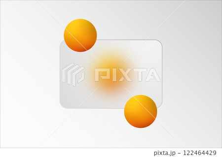 Minimalist presentation background in glass morphism style with transparent glass rectangle with blur effect. Decorated with round yellow balls. General gray background. Minimalist presentation background in glass morphism style with transparent glass rectangle with blur effect. Decorated with round yellow balls. General gray background. 122464429