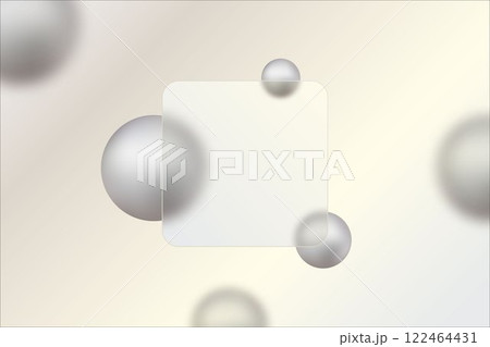 Glass morphism, website template with transparent rectangle and gray spheres. 122464431