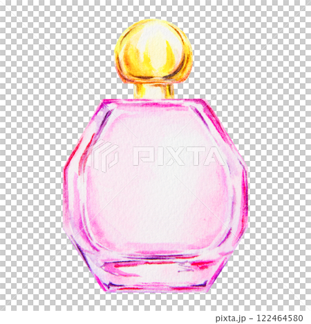 Watercolor hand painted illustration of a pink perfume bottle with a golden cap. Elegant and feminine beauty product design for cosmetics, fragrance or fashion themes. Isolated, cut out Watercolor hand painted illustration of a pink perfume bottle with a golden cap. Elegant and feminine beauty product design for cosmetics, fragrance or fashion themes. Isolated, cut out 122464580