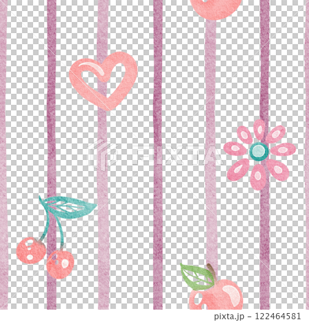 Striped cute Seamless pattern with pastel colors. Hand-drawn confectionery design with ribbed with apple, flower, cherry. Summer background ideal for textiles, tablecloths, or kids bedroom decor. Striped cute Seamless pattern with pastel colors. Hand-drawn confectionery design with ribbed with apple, flower, cherry. Summer background ideal for textiles, tablecloths, or kids bedroom decor. 122464581