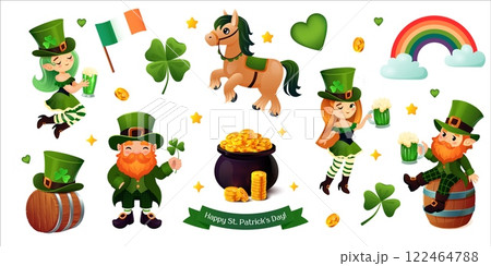 A vibrant and festive St. Patrick's Day vector set featuring cheerful leprechauns, lucky shamrocks, golden coins, a pot of gold, a green beer mug, an Irish flag, and a magical rainbow. This charming 122464788