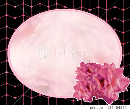 three roses on a white stoke on an oval frame and blur rose background, on pink and black frame background, nature, card, fashion, copy space 122464853