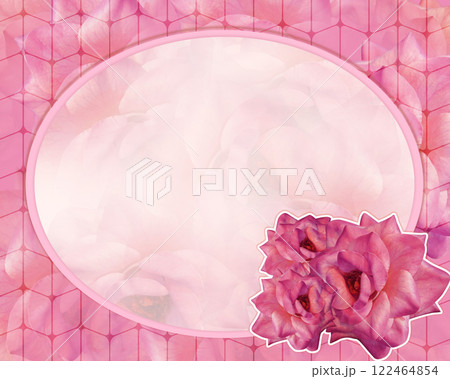 three roses on a white stoke on an oval frame and blur rose background, on pink rose frame background, nature, card, fashion, copy space three roses on a white stoke on an oval frame and blur rose background, on pink rose frame background, nature, card, fashion, copy space 122464854