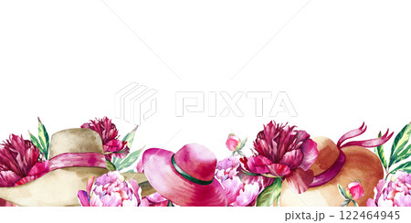 Watercolor banner with women's hats and pink peonies. Botanical illustration. A frame with a place for your inscription. For the design of greeting cards, invitations, business cards. Watercolor banner with women's hats and pink peonies. Botanical illustration. A frame with a place for your inscription. For the design of greeting cards, invitations, business cards. 122464945