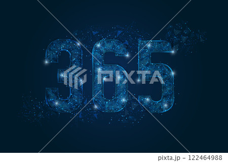 Abstract isolated blue image of 365 Logo. Polygonal low poly wireframe illustration looks like stars in the black night sky in space or flying glass shards. Abstract isolated blue image of 365 Logo. Polygonal low poly wireframe illustration looks like stars in the black night sky in space or flying glass shards. 122464988