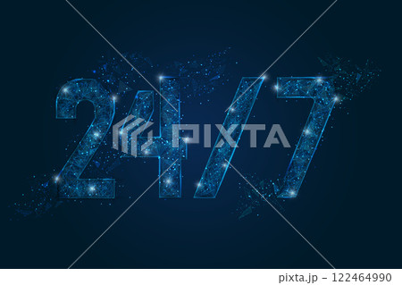 Abstract isolated blue image of signboard 24 7 open hours time. Polygonal low poly wireframe illustration looks like stars in the black night sky in space or flying glass shards. Abstract isolated blue image of signboard 24 7 open hours time. Polygonal low poly wireframe illustration looks like stars in the black night sky in space or flying glass shards. 122464990