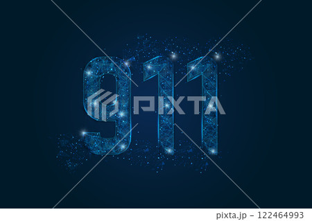Abstract isolated blue image of The symbolic number 911 nine hundred eleven . Polygonal low poly wireframe illustration looks like stars in the black night sky in space or flying glass shards. 122464993