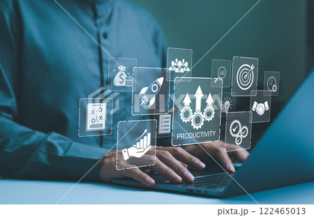 Increase productivity concept. Tools for increasing productivity in business. Productivity icons, business growth, and financial success enhance efficiency and achieve business objectives. 122465013