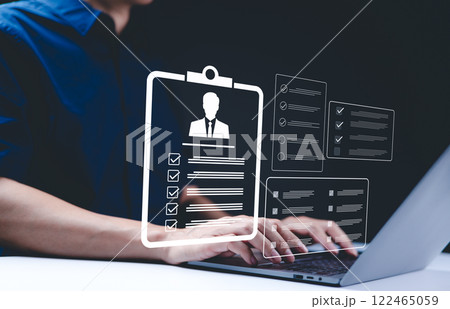 HR, Human resource management concept. Fill out an online employee assessment form, Online employee assessment, Digital HR management, Employee profile and checklist, interview process, Checkbox, HRM, 122465059