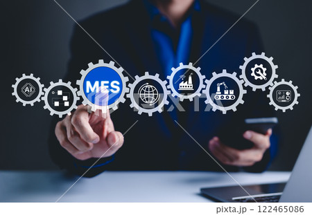MES - Manufacturing Execution System Concept. AI Integration, A person touch MES icon with symbols to manufacturing, automation, industrial processes, technology in production management, AI powered, 122465086