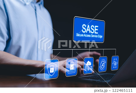 SASE Secure Access Service Edge Technology Concept. Digital interface displaying SASE, Secure Access Service Edge, icons related to network security, cloud services, and data protection. SASE Secure Access Service Edge Technology Concept. Digital interface displaying SASE, Secure Access Service Edge, icons related to network security, cloud services, and data protection. 122465111
