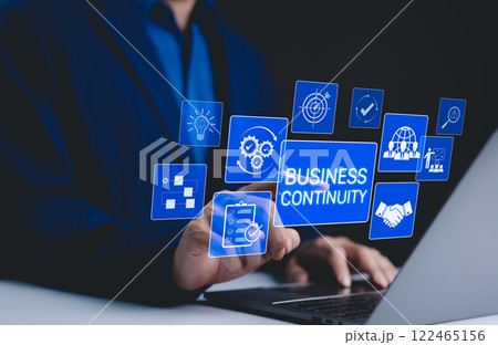 Business continuity management concept. "Business Continuity" with icons strategy, risk assessment, and operational planning. business continuity planning and resilience in managing disruptions. 122465156