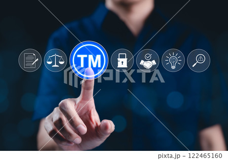 TM - Trademark and Intellectual Property Protection. Digital trademark icon with symbols legal, intellectual property, and security elements. intellectual property protection and trademark compliance. 122465160