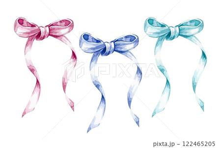 A set of colored bows on a white background. A thin ribbon. Watercolor illustration. An element for the design of greeting cards and invitations. A set of colored bows on a white background. A thin ribbon. Watercolor illustration. An element for the design of greeting cards and invitations. 122465205