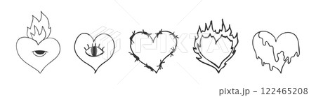 Psychedelic doodle heart barbed wire, with fire nd eye, graffiti groovy set. Retro tattoo grunge kit. Street sketch vintage aesthetic. Psychedelic doodle heart barbed wire, with fire nd eye, graffiti groovy set. Retro tattoo grunge kit. Street sketch vintage aesthetic. 122465208